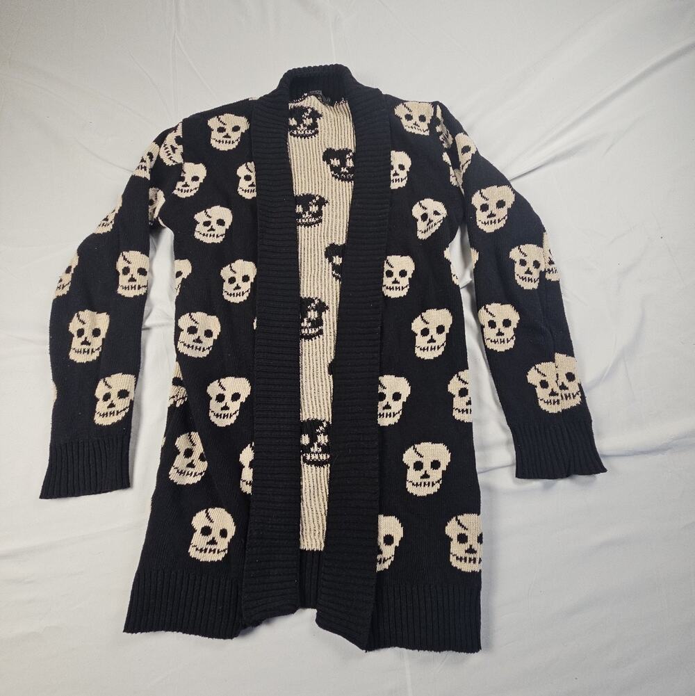 Skull Print Open Cardigan Sweater Black Cream Women L by Anybody Collection